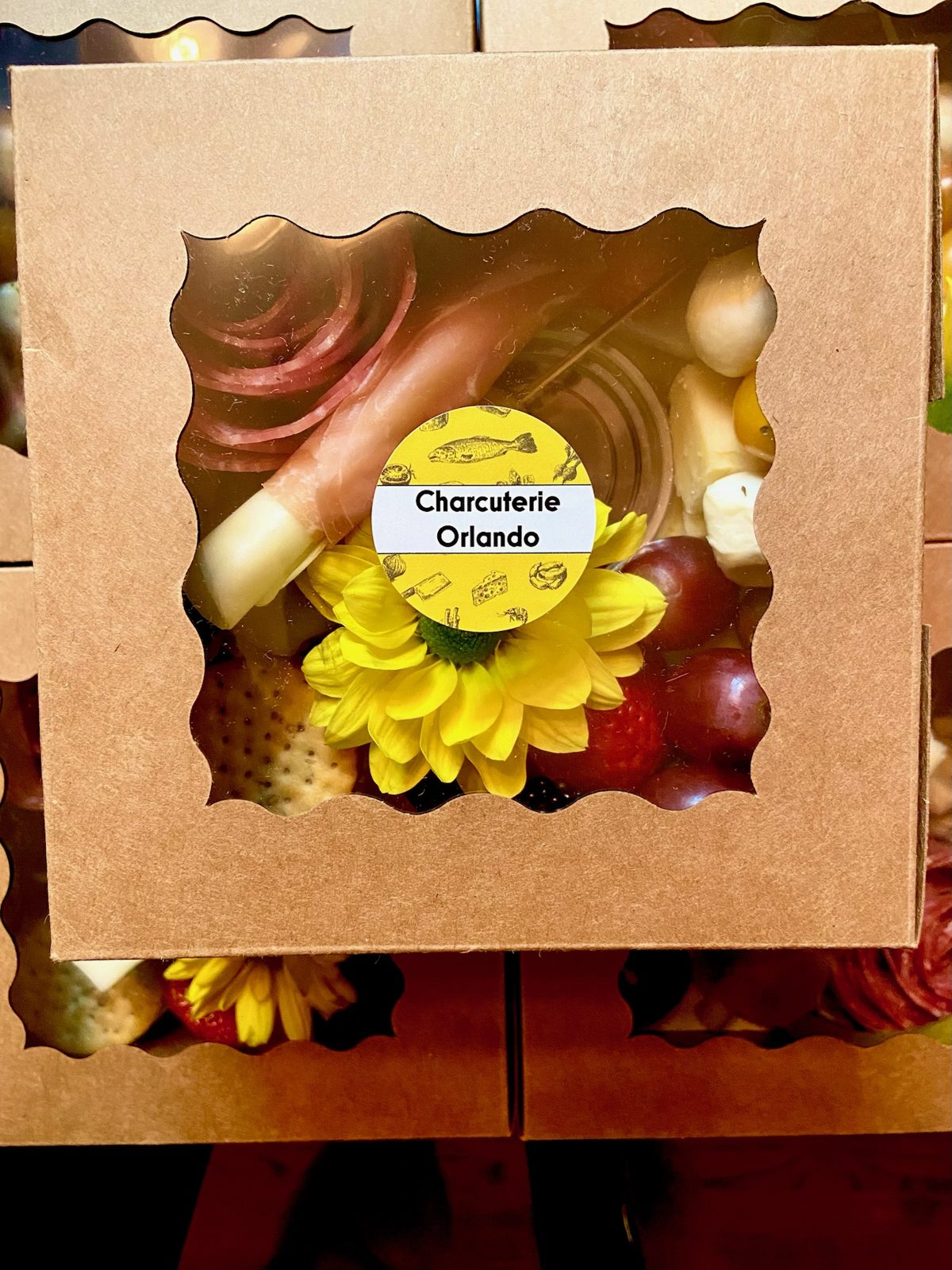 Charcuterie Orlando branded box ready for doorstep delivery